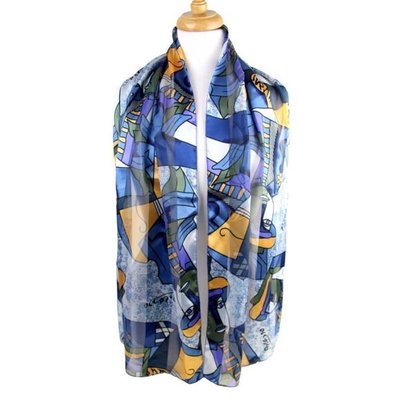 13.5"x60" Picasso BLUE MULTICOLOR POLYESTER HANDROLLED SCARF SHAWL WRAP (B46 - Picture 2 of 8